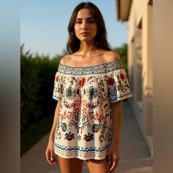 She and Sho Super cute Boho off the shoulder floral top. Size Small - Picture 1 of 6